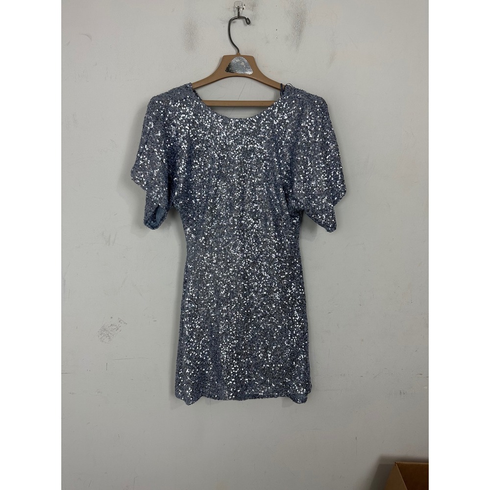 Zara Silver Sequin Cowl Back Mini Dress Short Sleeve Party Cocktail 3240/477 S